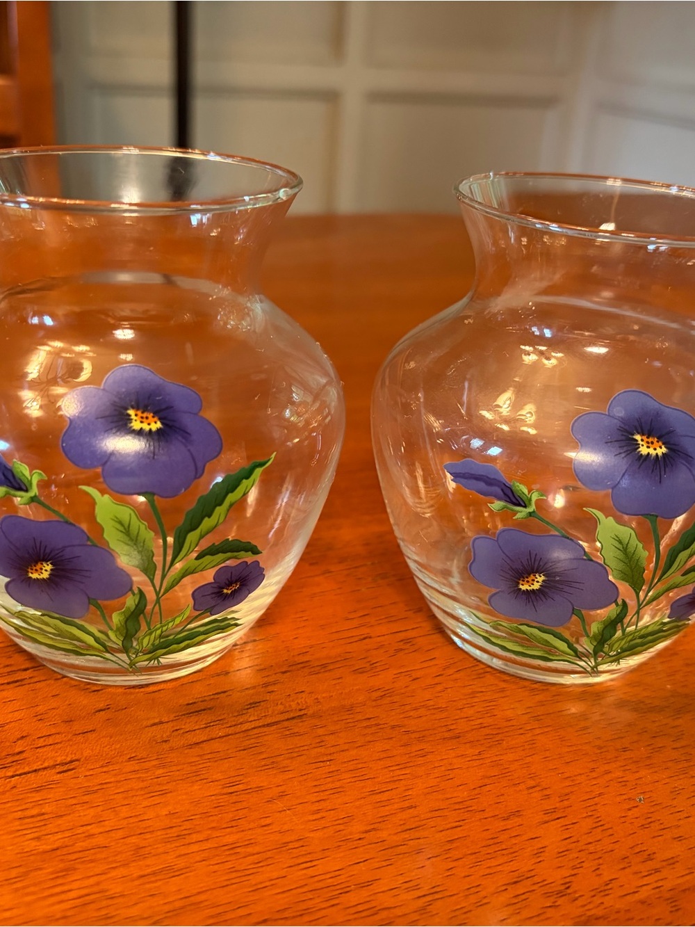 Hand-Painted Purple Floral Glass Vases - Pair